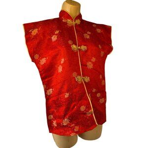 Vintage Red Brocade Asian Top Womens S/M Cap Sleeve Frog Closure Floral Jacquard